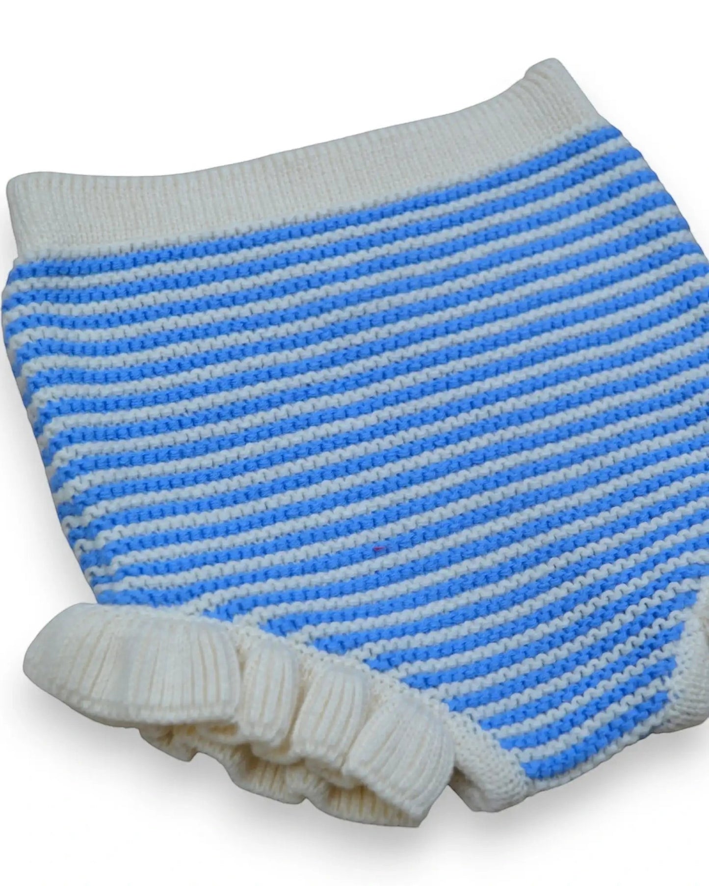 Tapa fraldas Birinit em malha tricot às riscas azuis e brancas com folhos nas pernas para bebé