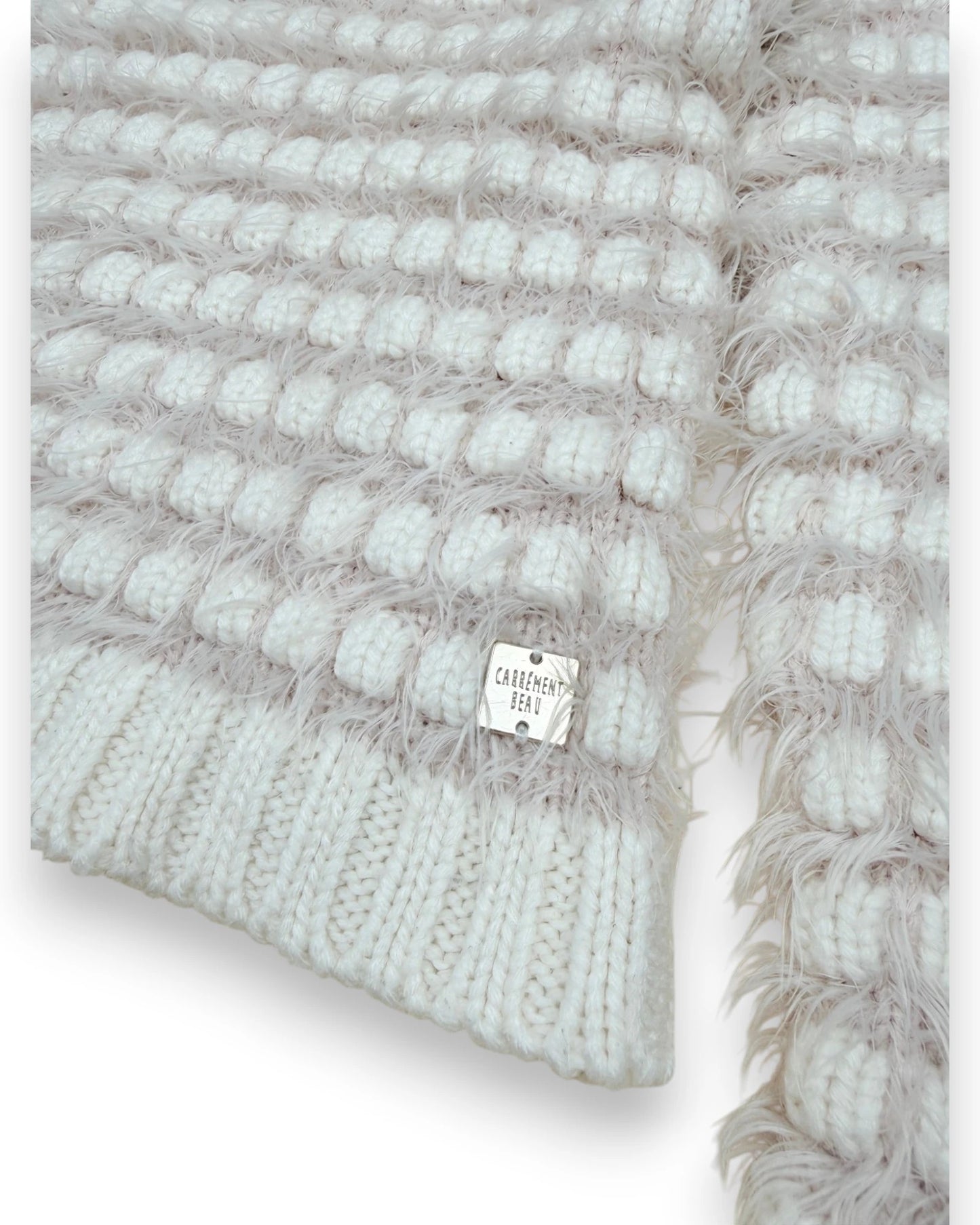 Petit Fox Portugal cream and blush textured knit sweater with fuzzy yarn and dot pattern.