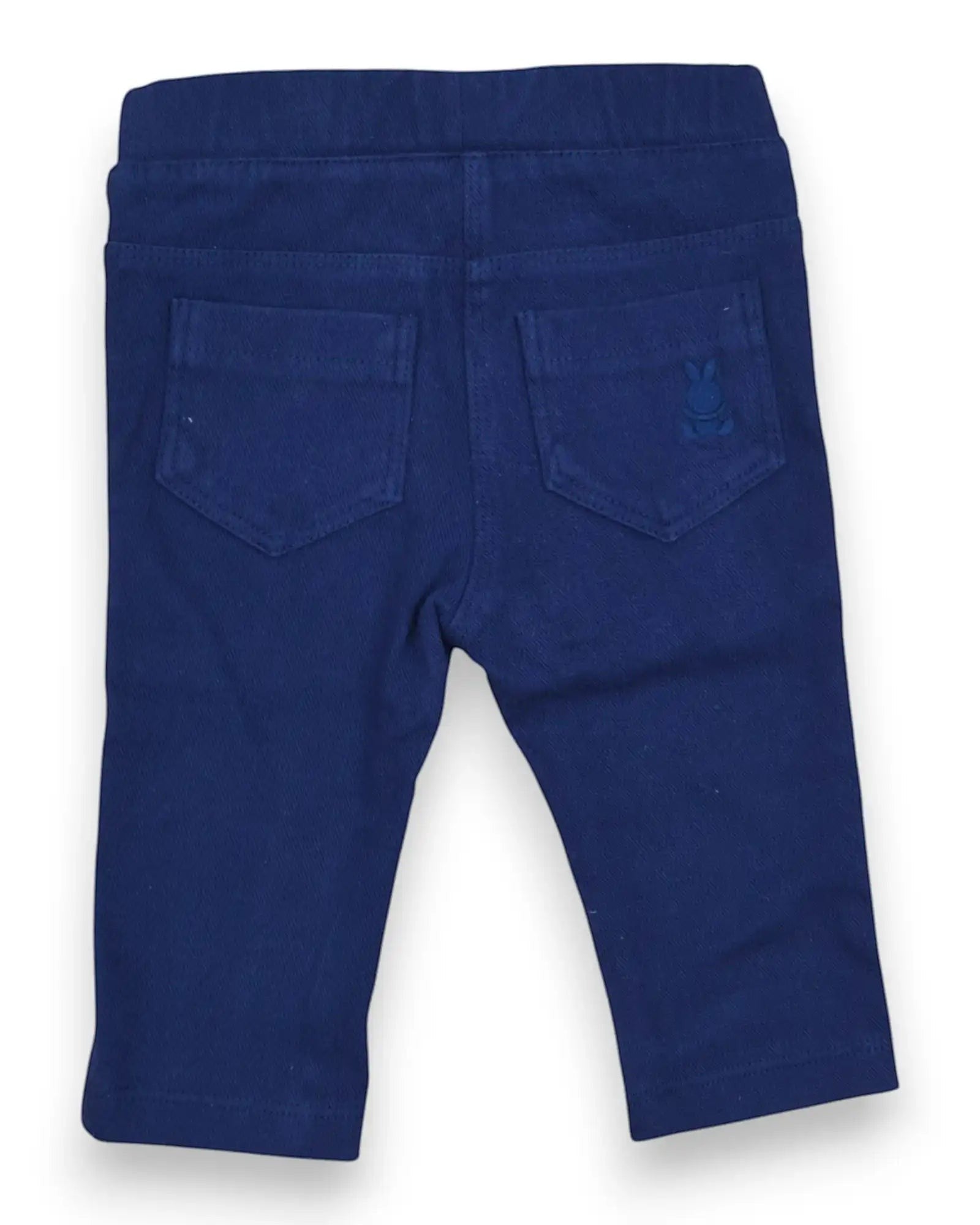 Calças de bebé Benetton em algodão elástico azul com bolsos traseiros e detalhe de coelho bordado