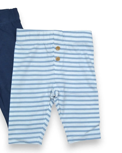 Pack de 2 calças La Redoute em algodão, uma azul lisa e outra às riscas azuis e brancas com botões de madeira.