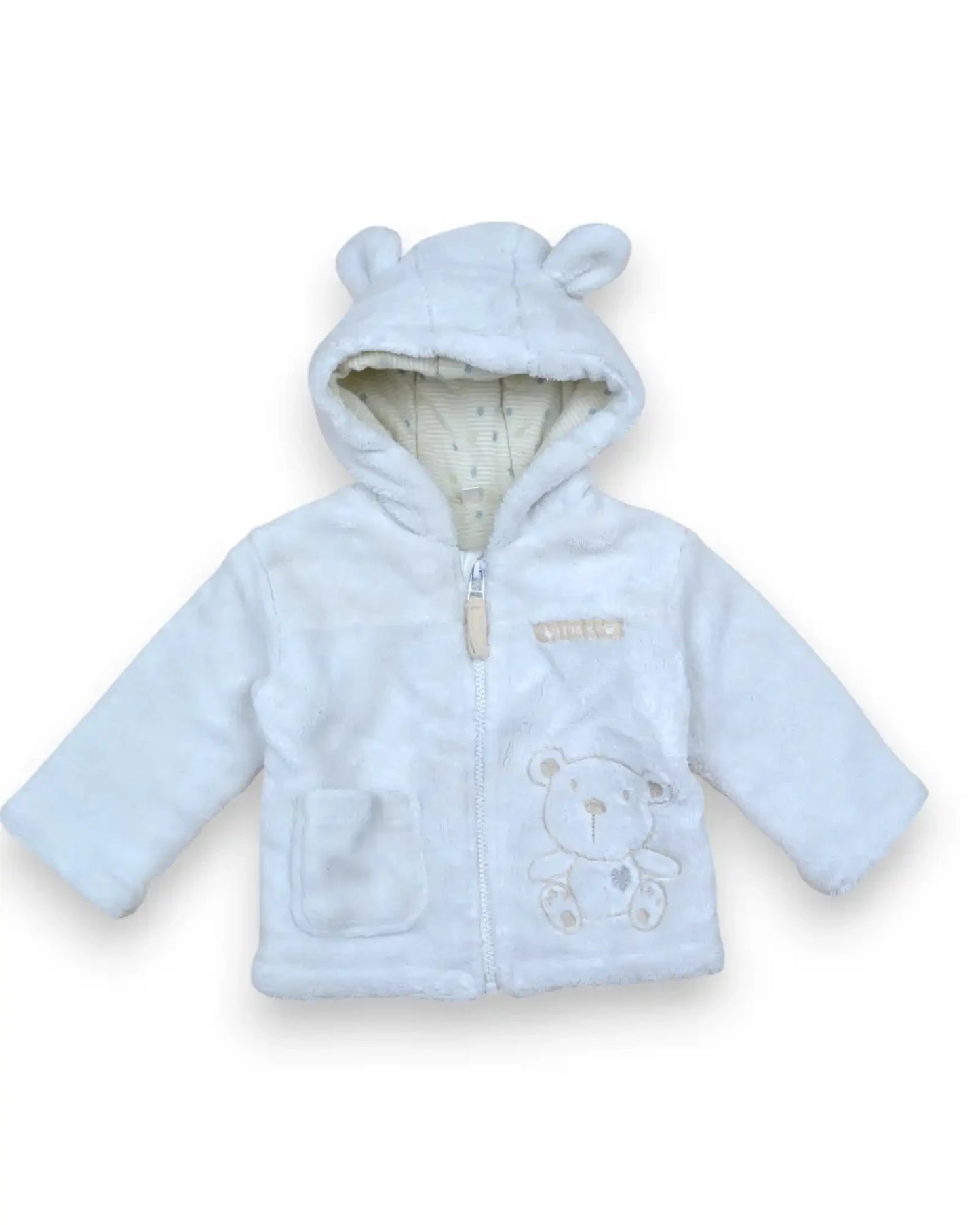 Casaco de peluche branco Petit Fox Portugal para bebé com capuz de orelhas de urso, fecho frontal e bordado de urso.