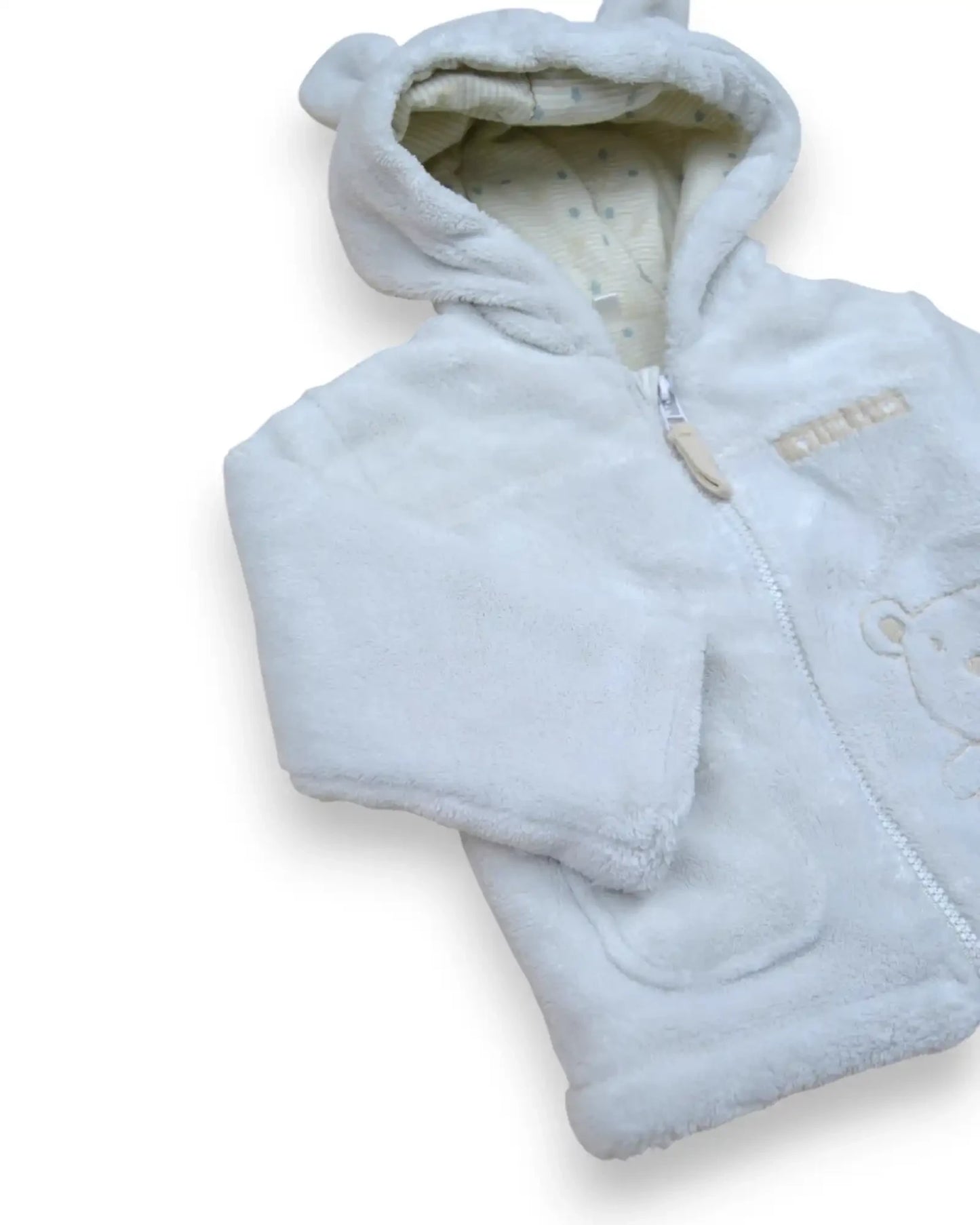 Casaco de peluche branco Petit Fox Portugal para bebé com capuz de orelhas de urso e fecho frontal