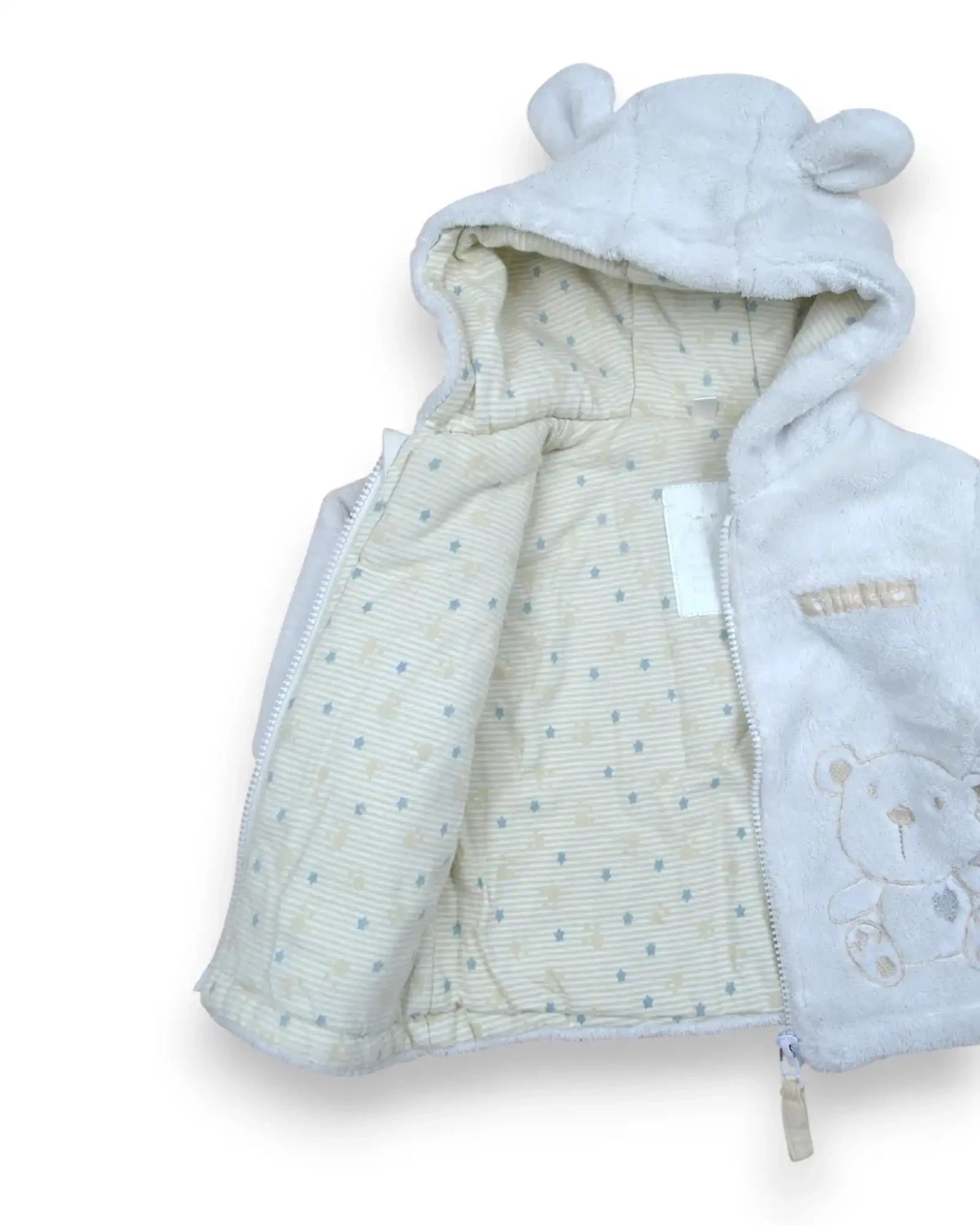 Casaco de peluche branco Petit Fox Portugal para bebé com capuz de orelhas de urso e forro interior estampado