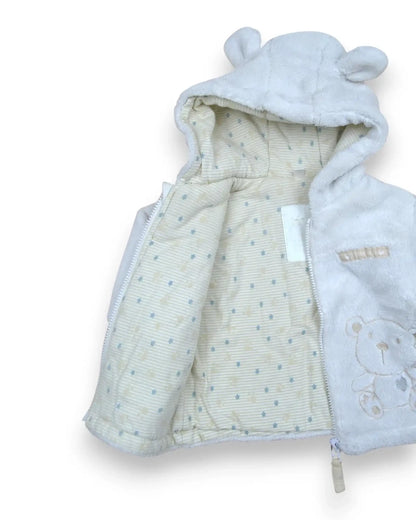 Casaco de peluche branco Petit Fox Portugal para bebé com capuz de orelhas de urso e forro interior estampado