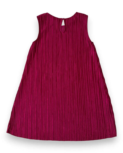 Petit Fox Portugal fuchsia pleated A-line dress with keyhole back detail, sleeveless, shimmering fabric.