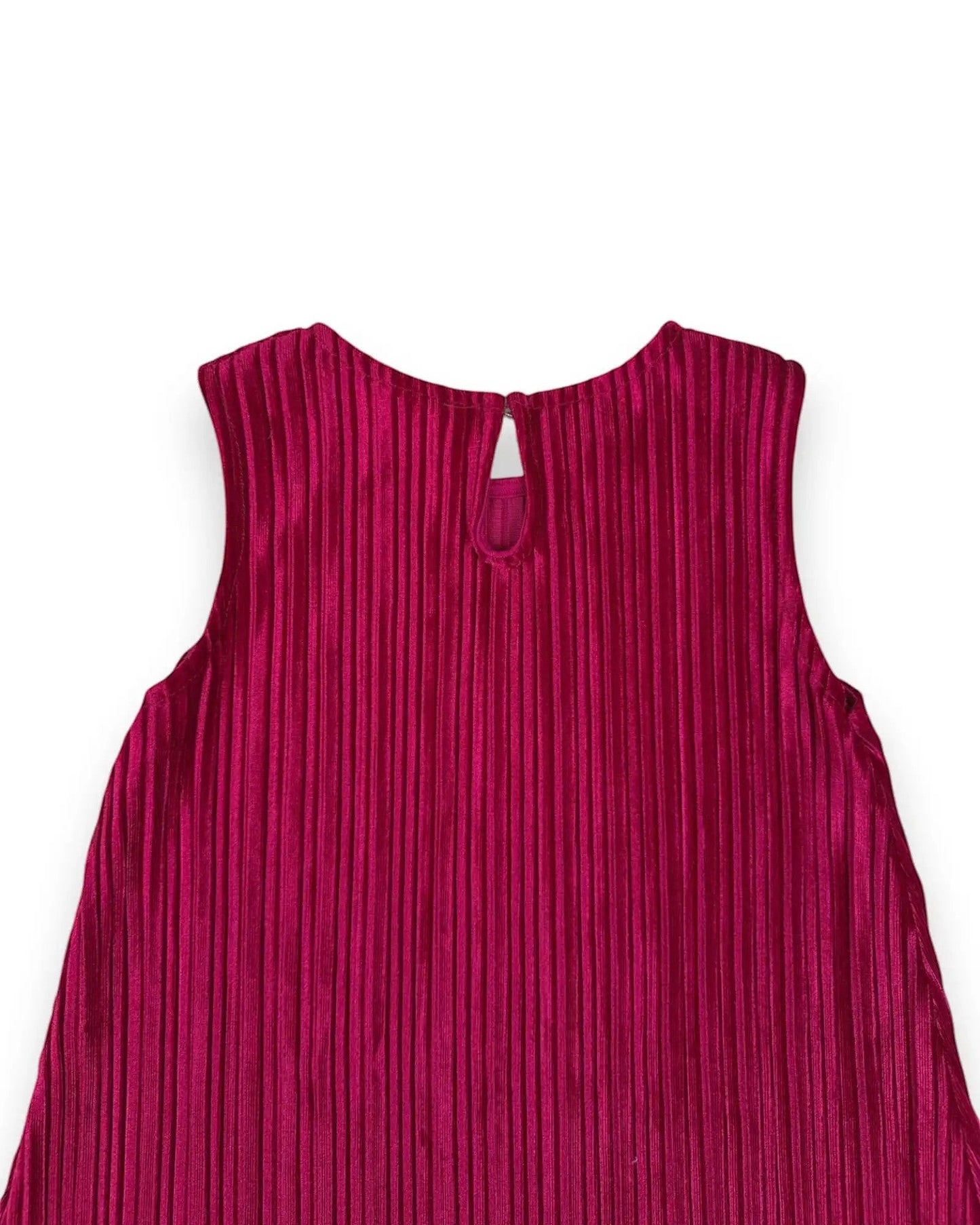 Petit Fox Portugal fuchsia pleated sleeveless A-line dress with keyhole back detail.