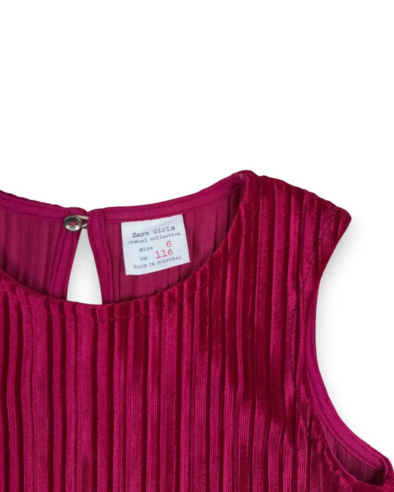 Petit Fox Portugal fuchsia velvet pleated A-line dress with keyhole back detail for girls.