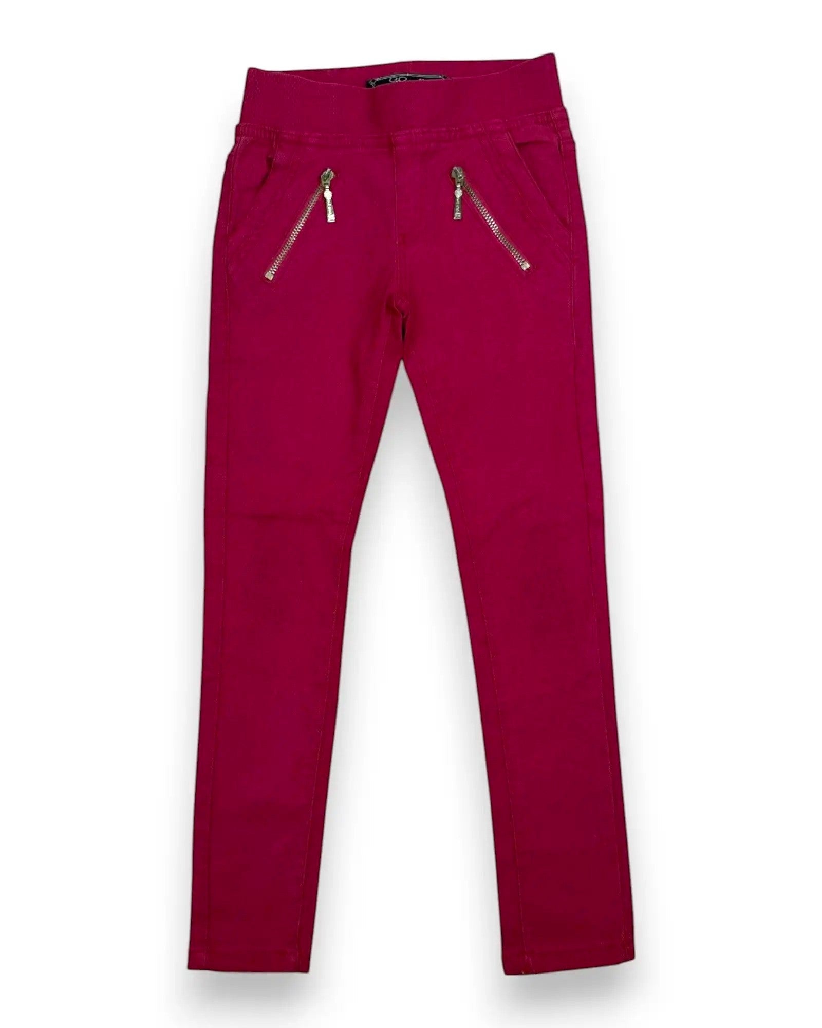 Petit Fox Portugal magenta stretch cotton blend jeggings with decorative zip pockets and charm details. Elasticated waistband for easy pull-on style.