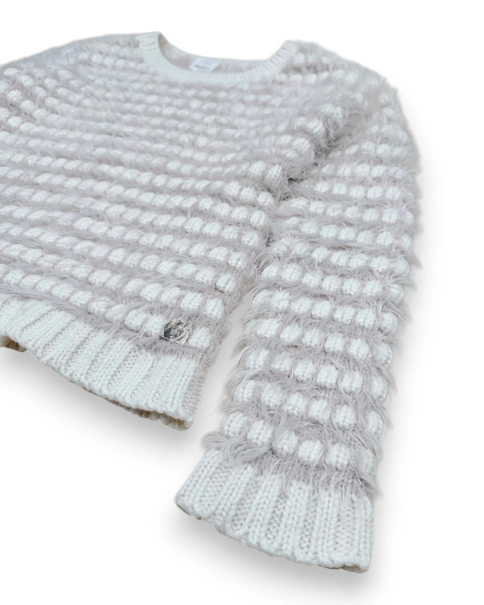 Petit Fox Portugal cream and blush textured knit sweater with fuzzy yarn and dot pattern. Crew neck, ribbed cuffs and hem.