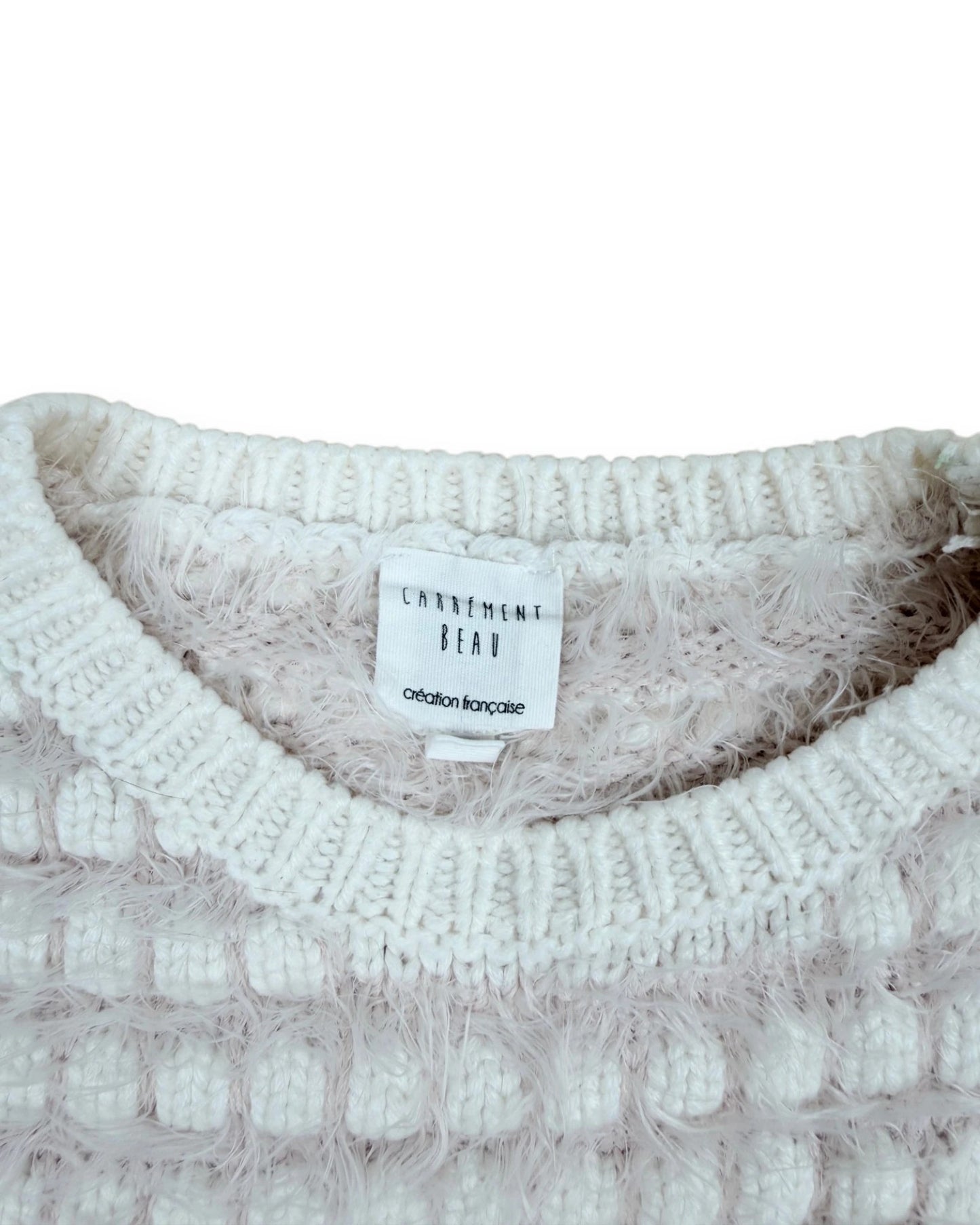 Petit Fox Portugal cream and blush textured knit sweater with fuzzy yarn and dot pattern. Crew neck, ribbed cuffs and hem.