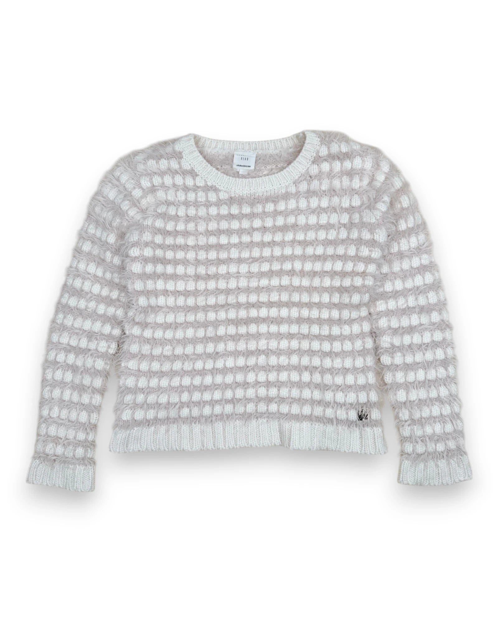 Petit Fox Portugal cream and blush textured knit sweater with all-over dot pattern and fuzzy yarn.