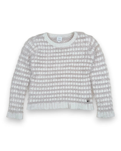 Petit Fox Portugal cream and blush textured knit sweater with all-over dot pattern and fuzzy yarn.