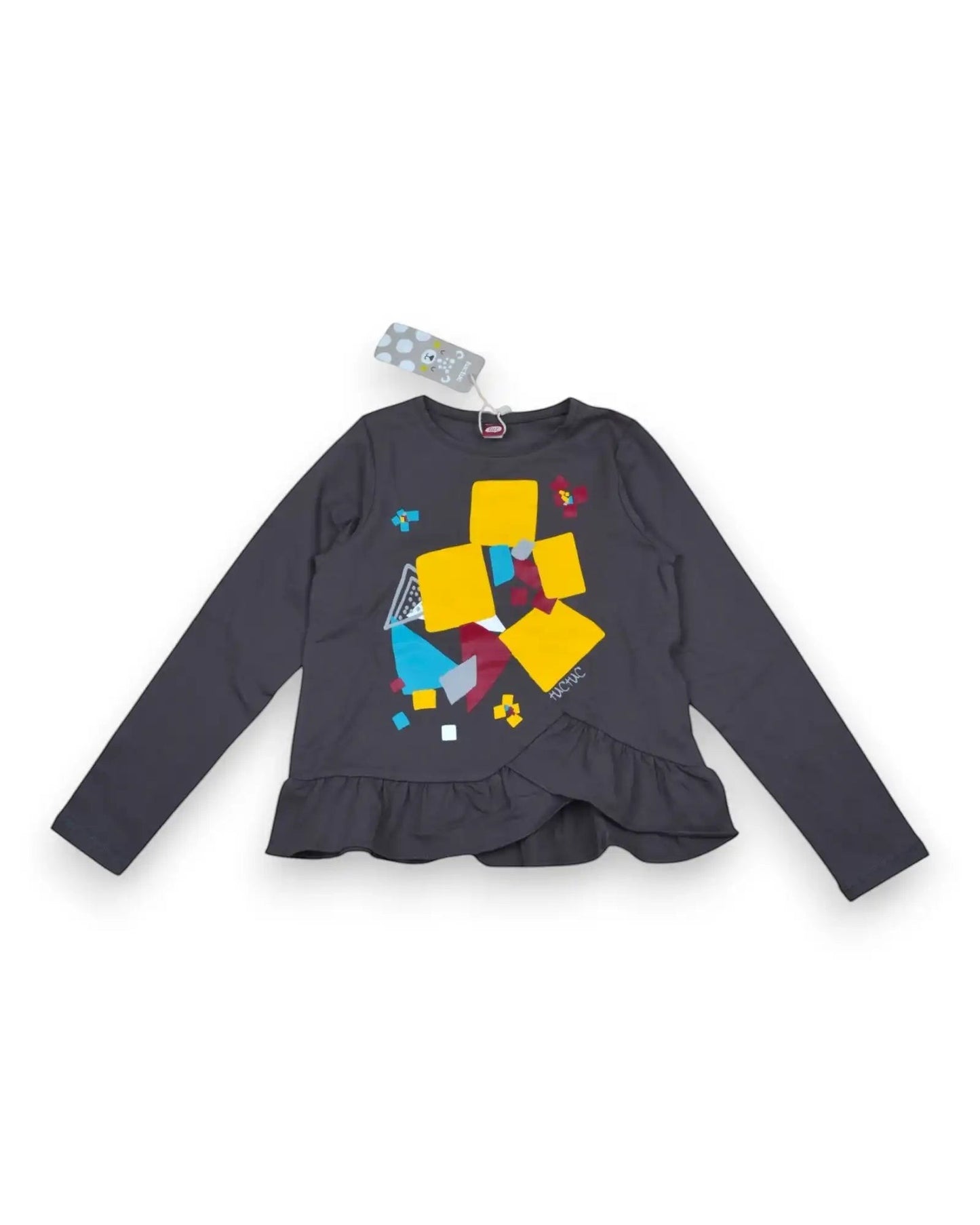 Petit Fox Portugal T-Shirt Castanha TUC TUC cinzento antracite com estampado geométrico colorido e folho na bainha, tamanho 5 anos.