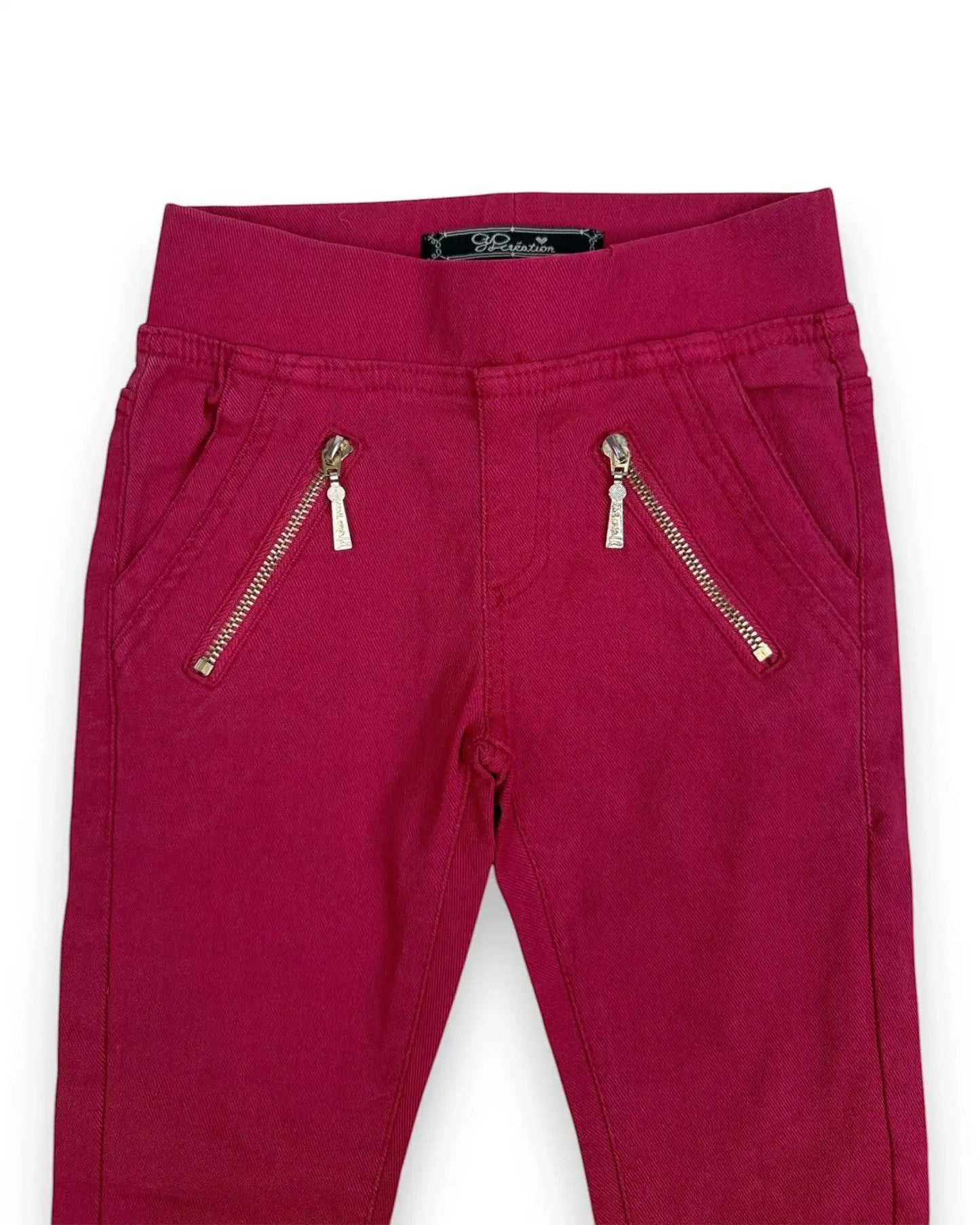 Petit Fox Portugal magenta stretch cotton blend jeggings for girls with decorative zip pockets and charm details.