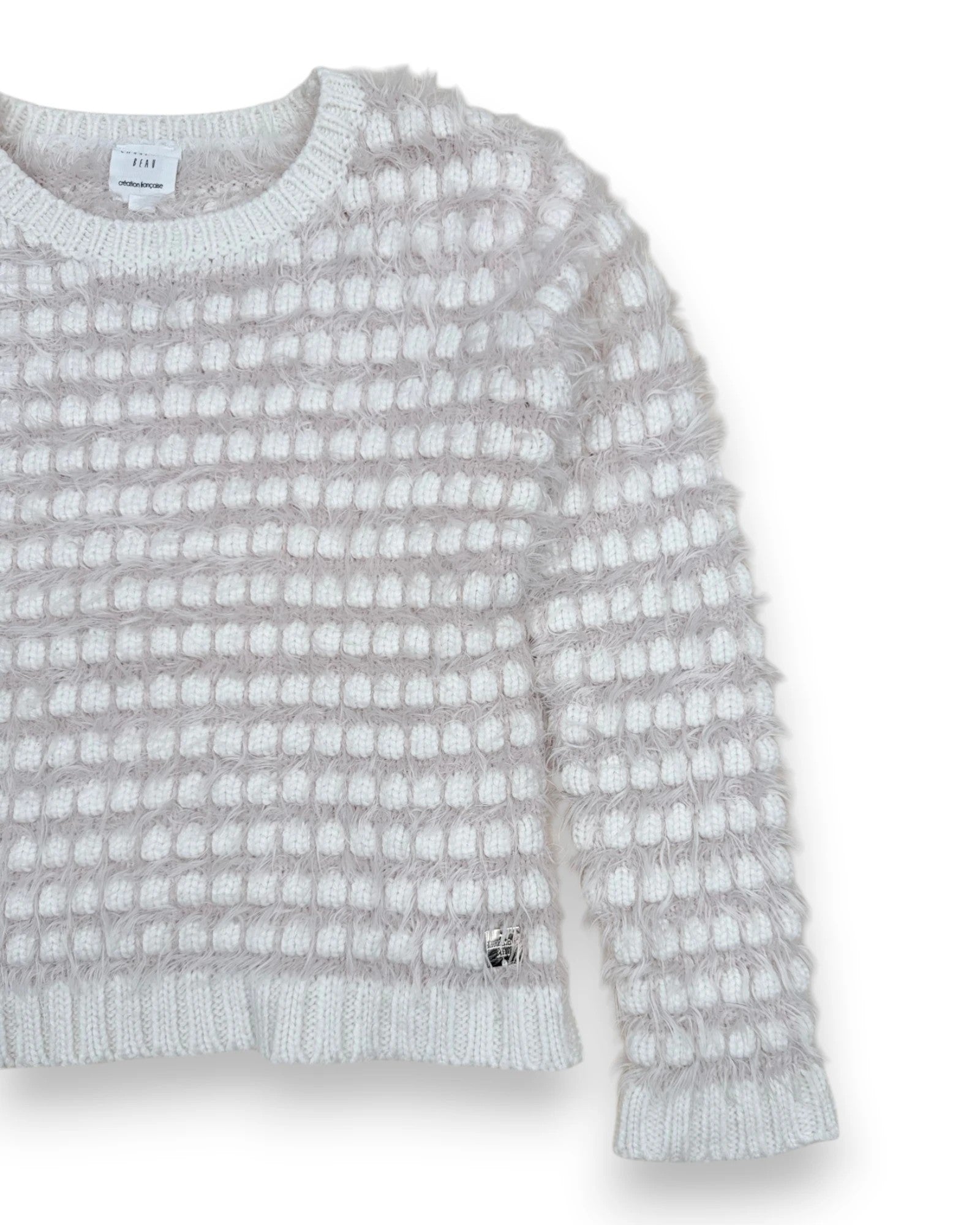 Petit Fox Portugal cream and blush textured knit sweater with all-over dot pattern and fuzzy yarn.