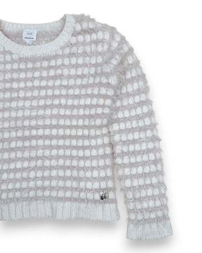 Petit Fox Portugal cream and blush textured knit sweater with all-over dot pattern and fuzzy yarn.