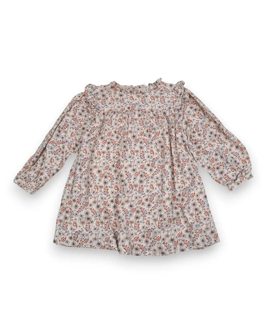 Vestido bege da Gocco com estampado botânico, gola com folhos e mangas balão. Forro em algodão.