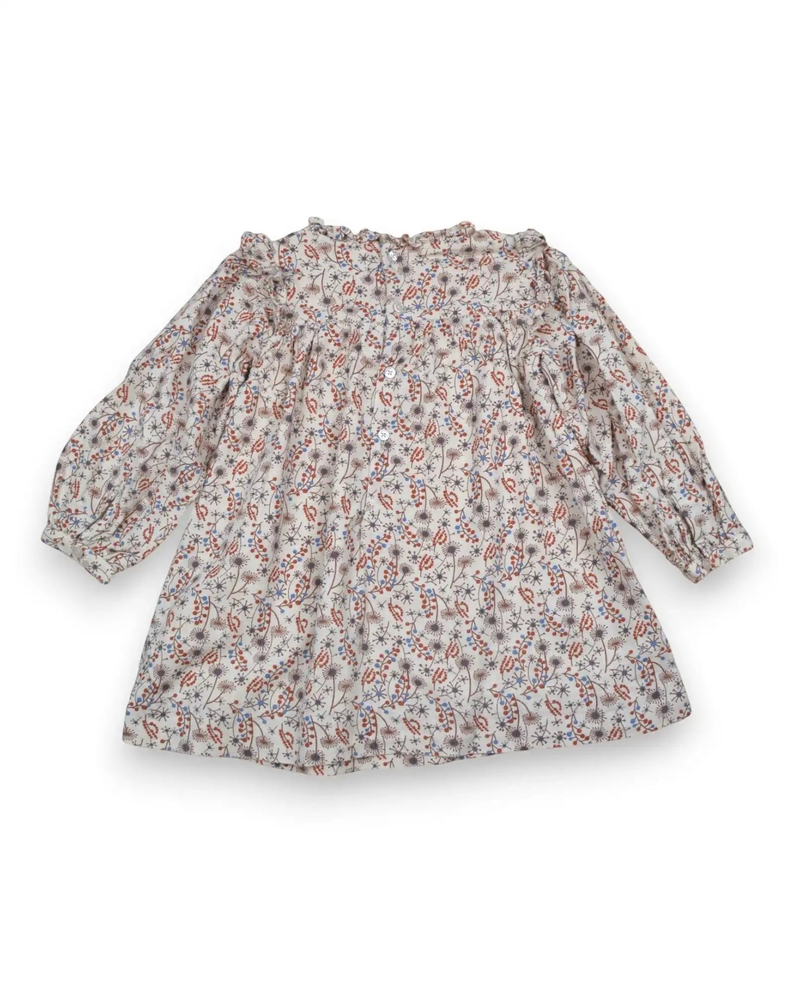 Vestido bege da Gocco com estampado botânico, gola com folhos e mangas balão. Forro em algodão.