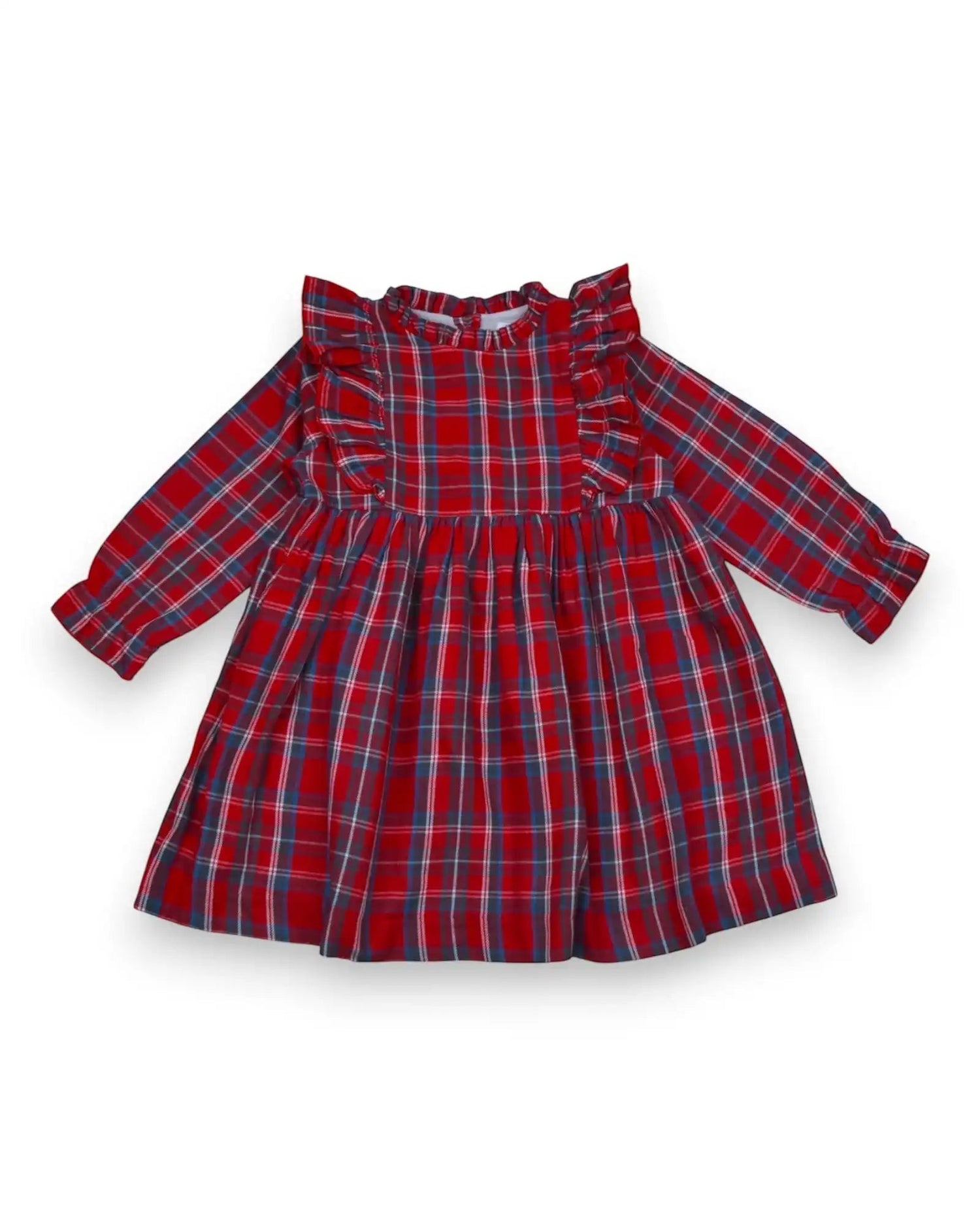 Vestido de manga comprida com padrão xadrez vermelho, gola e peito com folhos, forro de algodão, para meninas de 3 anos.