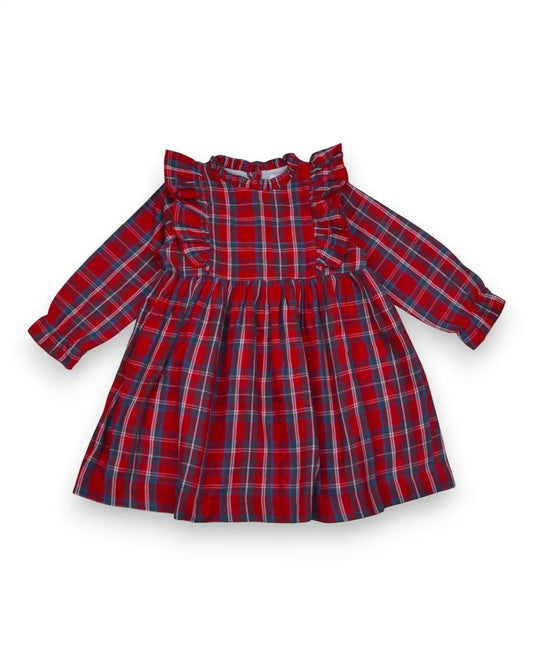 Vestido de manga comprida com padrão xadrez vermelho, gola e peito com folhos, forro de algodão, para meninas de 3 anos.