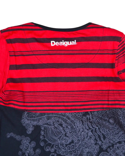 Vestido Desigual de manga comprida, em preto e vermelho, com estampados misturados e detalhes de corações e borboletas, para meninas dos 5 aos 6 anos.