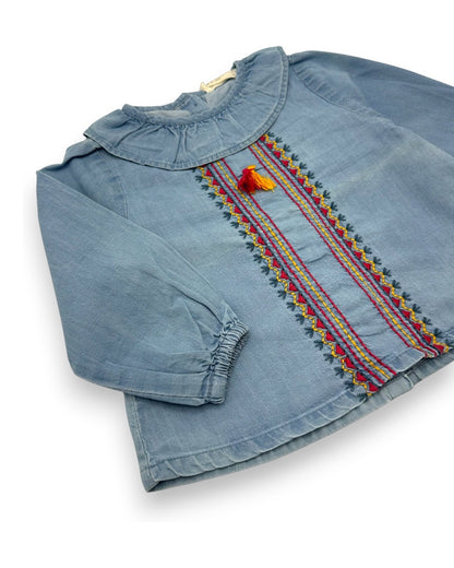 Embroidered Denim Blouse, Size 6-9 Months