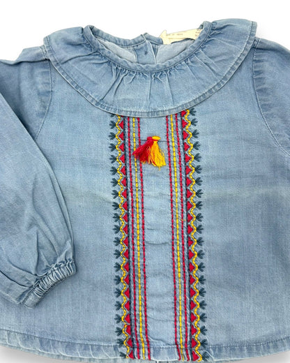 Embroidered Denim Blouse, Size 6-9 Months